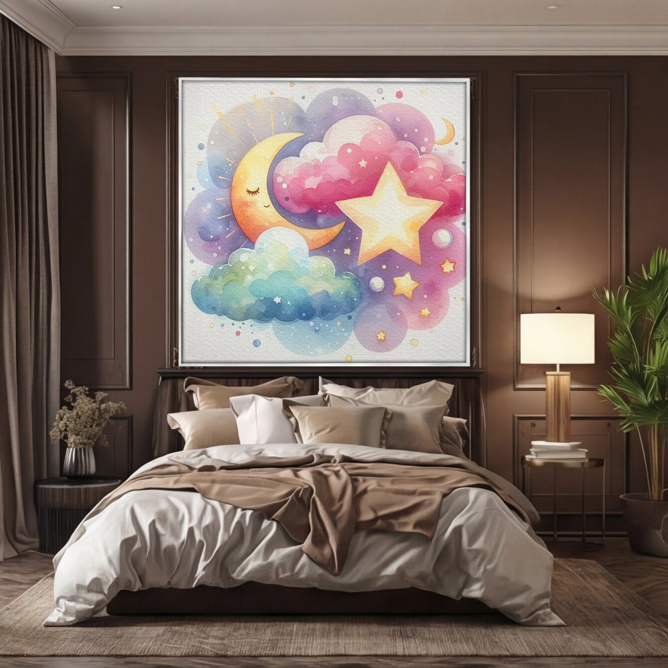 Tablou canvas cu ilustratie acuarela cu luna si stea, in rama de aluminiu argintiu, pe perete intr-un dormitor
